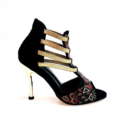 Sandalo da donna Sara Gold Plus Wish Dance Shop in camoscio nero, con dettagli oro, elastici e tacco a spillo laminato oro.
