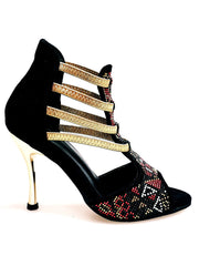 Carica immagine nella Galleria, Sara Gold Plus (460PW) - Sandalo da Donna in Camoscio Nero Con Livrea Samakaka Oro tacco a spillo laminato Oro Elastici Oro
