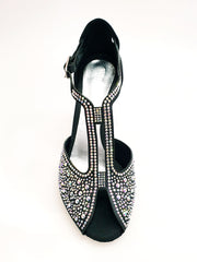 Load image into Gallery viewer, MIRIAM Temptation Plus (L6) - Scarpa Da Donna in Raso Nero Con Swarovski Boreali e Tacco a Rocchetto
