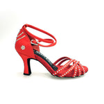 Load image into Gallery viewer, LUENIA QB Plus (45QB) - Scarpa da Ballo da Donna in Raso Seta Rosso con 5 strisce Senza Rete cinturino incrociato alla caviglia con Swarovski Disegno Fantasy e Tacco a Rocchetto
