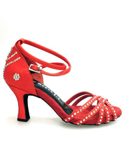 Load image into Gallery viewer, LUENIA QB Plus (45QB) - Scarpa da Ballo da Donna in Raso Seta Rosso con 5 strisce Senza Rete cinturino incrociato alla caviglia con Swarovski Disegno Fantasy e Tacco a Rocchetto

