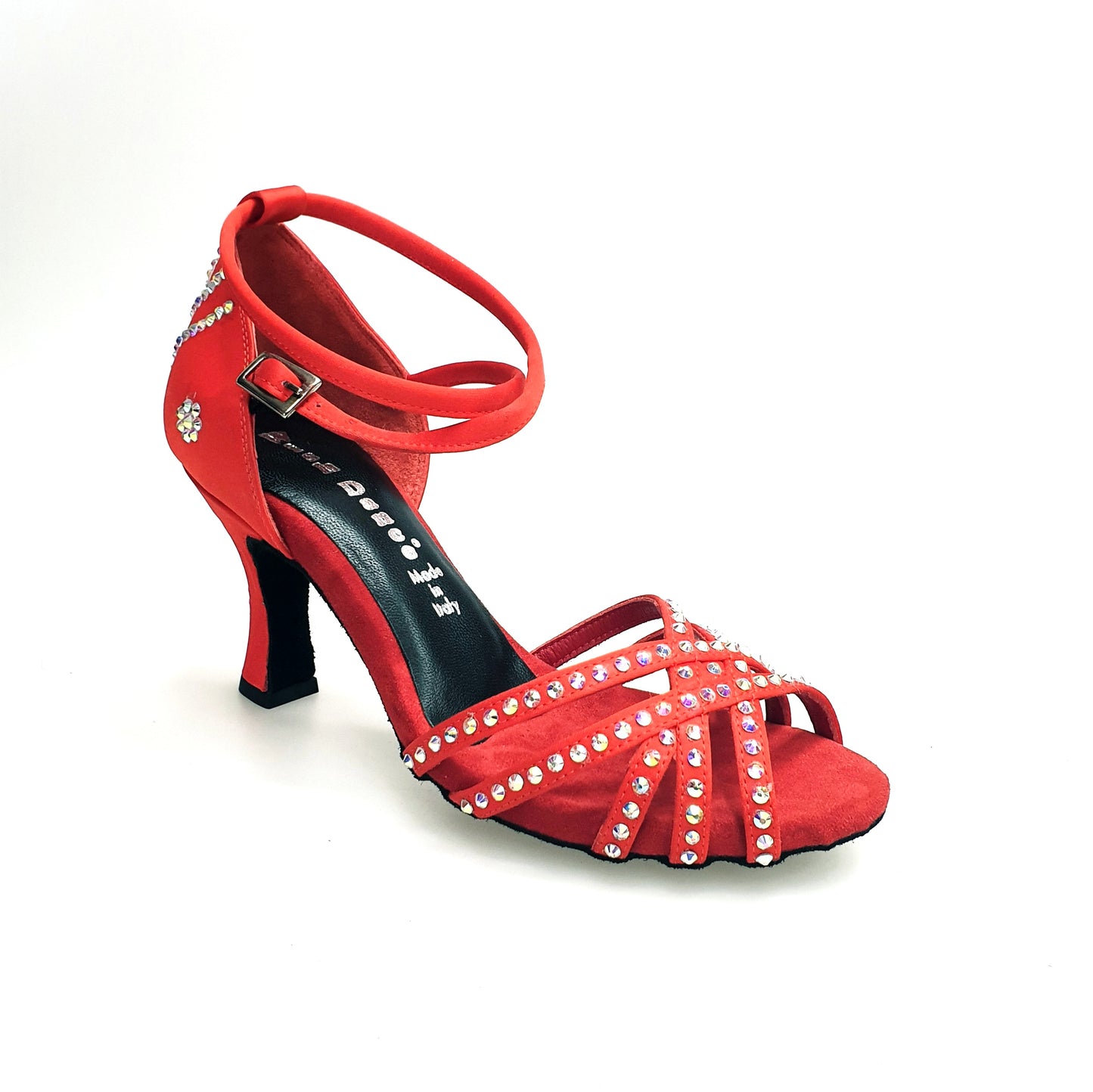 Scarpa da donna LUENIA QB Plus Wish Dance Shop in raso di seta rossa con cinturino incrociato, Swarovski e tacco a rocchetto.
