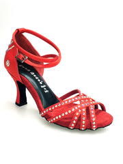 Load image into Gallery viewer, LUENIA QB Plus (45QB) - Scarpa da Ballo da Donna in Raso Seta Rosso con 5 strisce Senza Rete cinturino incrociato alla caviglia con Swarovski Disegno Fantasy e Tacco a Rocchetto
