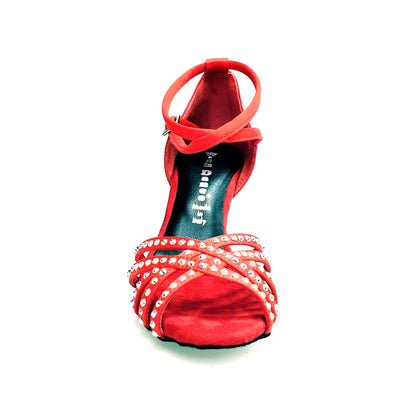 Scarpa da donna LUENIA QB Plus in raso seta rosso con cinturino incrociato, Swarovski, tacco a rocchetto, design fantasy.