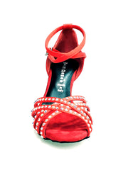 Load image into Gallery viewer, LUENIA QB Plus (45QB) - Scarpa da Ballo da Donna in Raso Seta Rosso con 5 strisce Senza Rete cinturino incrociato alla caviglia con Swarovski Disegno Fantasy e Tacco a Rocchetto
