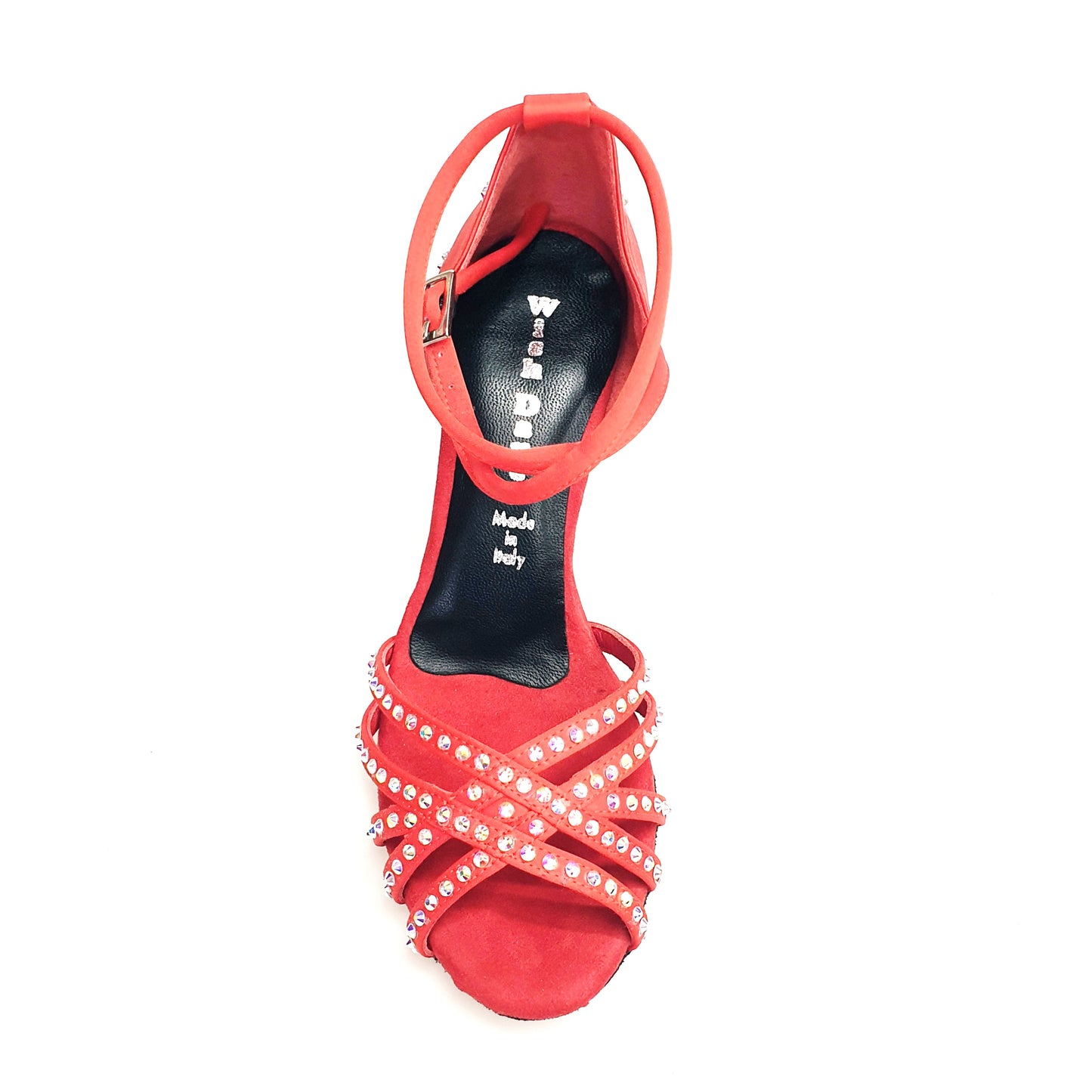 Scarpa da donna LUENIA QB Plus in raso seta rosso con strisce, Swarovski, cinturino incrociato e tacco a rocchetto.