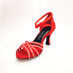 Load image into Gallery viewer, LUENIA QB Plus (45QB) - Scarpa da Ballo da Donna in Raso Seta Rosso con 5 strisce Senza Rete cinturino incrociato alla caviglia con Swarovski Disegno Fantasy e Tacco a Rocchetto
