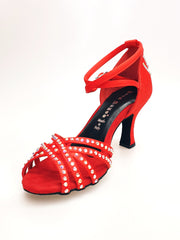Load image into Gallery viewer, LUENIA QB Plus (45QB) - Scarpa da Ballo da Donna in Raso Seta Rosso con 5 strisce Senza Rete cinturino incrociato alla caviglia con Swarovski Disegno Fantasy e Tacco a Rocchetto

