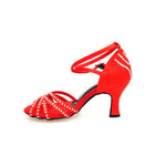 Load image into Gallery viewer, LUENIA QB Plus (45QB) - Scarpa da Ballo da Donna in Raso Seta Rosso con 5 strisce Senza Rete cinturino incrociato alla caviglia con Swarovski Disegno Fantasy e Tacco a Rocchetto
