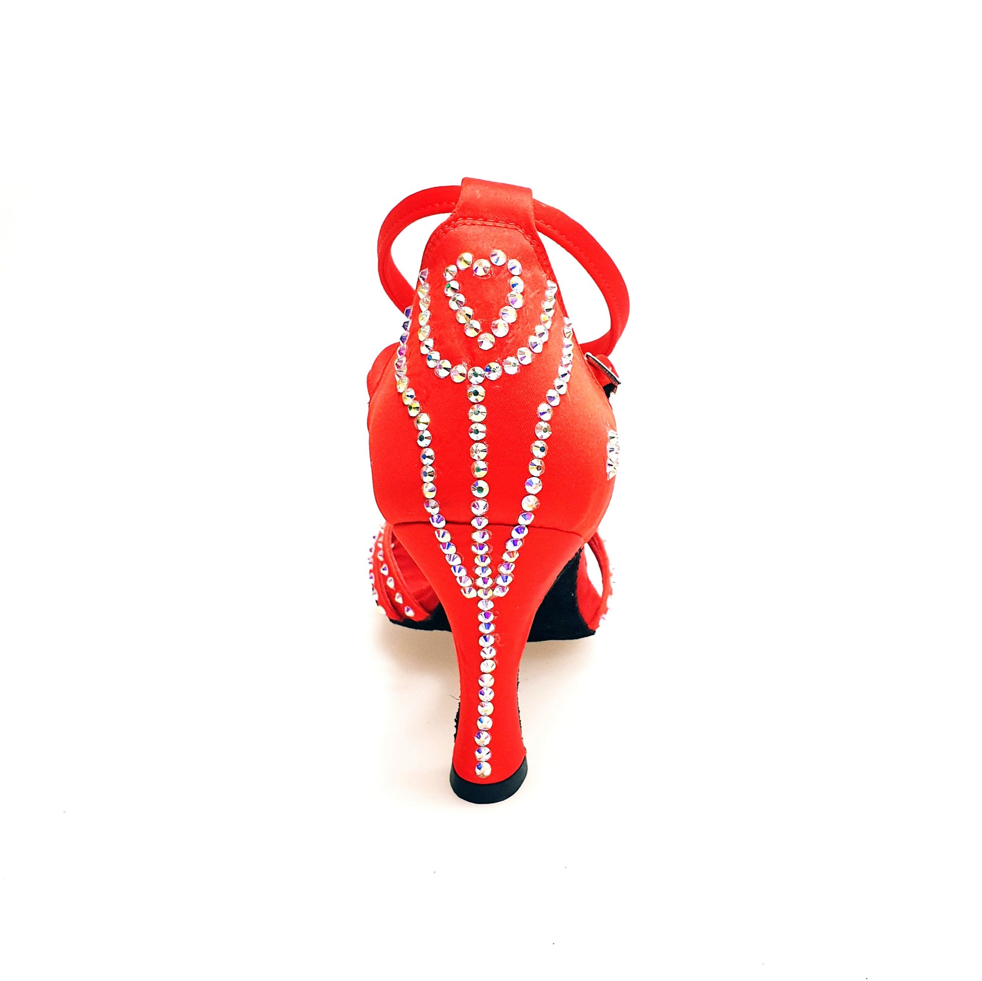 Scarpa da donna LUENIA QB Plus in raso di seta rossa con cinturino incrociato, dettagli Swarovski e tacco a rocchetto.