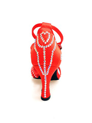Load image into Gallery viewer, LUENIA QB Plus (45QB) - Scarpa da Ballo da Donna in Raso Seta Rosso con 5 strisce Senza Rete cinturino incrociato alla caviglia con Swarovski Disegno Fantasy e Tacco a Rocchetto
