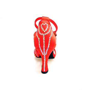 LUENIA QB Plus (45QB) - Scarpa da Ballo da Donna in Raso Seta Rosso con 5 strisce Senza Rete cinturino incrociato alla caviglia con Swarovski Disegno Fantasy e Tacco a Rocchetto