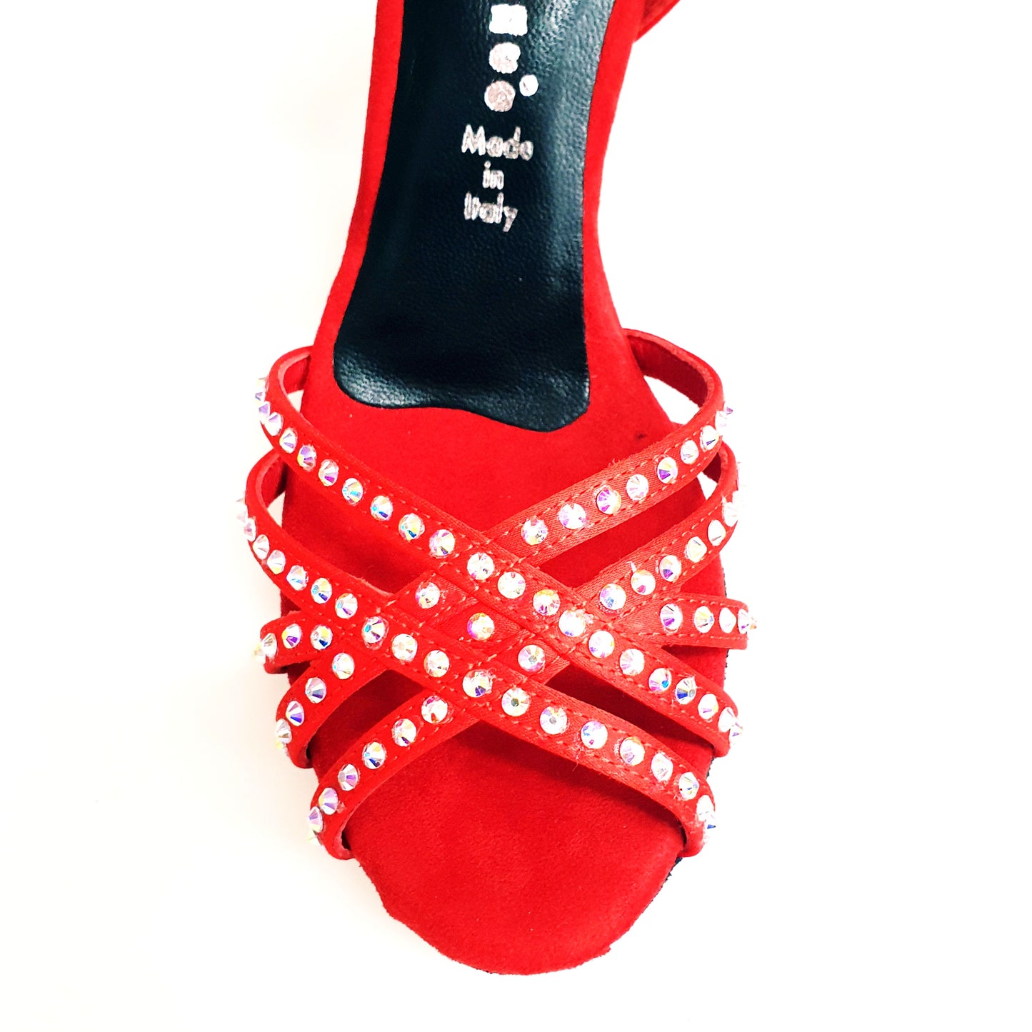 Scarpa da donna LUENIA QB Plus in raso seta rossa con cinturino incrociato, Swarovski, tacco a rocchetto, design fantasy.