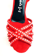 Load image into Gallery viewer, LUENIA QB Plus (45QB) - Scarpa da Ballo da Donna in Raso Seta Rosso con 5 strisce Senza Rete cinturino incrociato alla caviglia con Swarovski Disegno Fantasy e Tacco a Rocchetto
