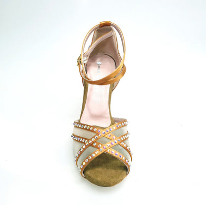 Scarpa da ballo donna Wish Dance Shop SONIA QB SW PLUS in raso seta bronzo con retina, cinturini incrociati e dettagli Swarovski.