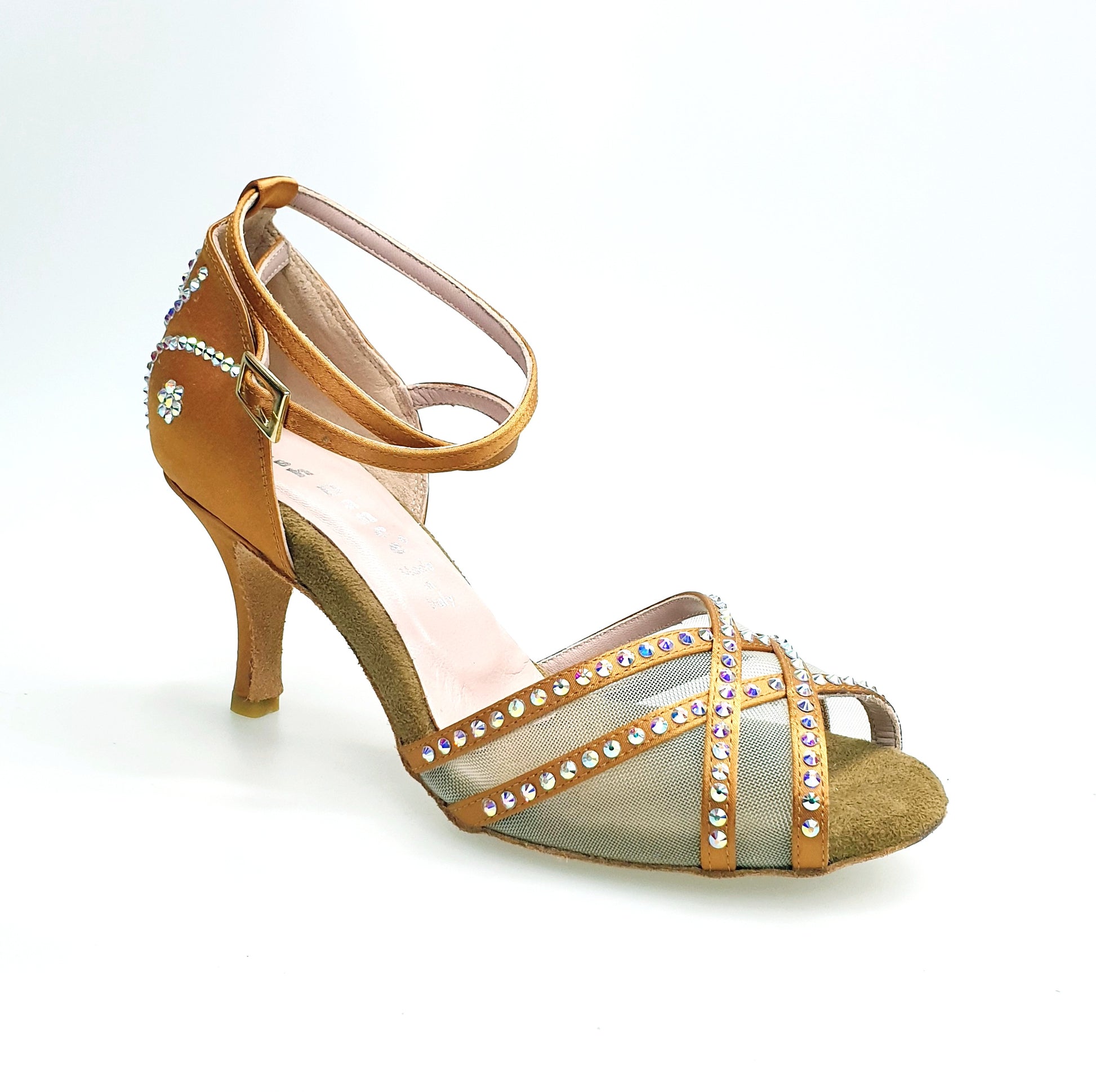 Scarpa da ballo donna Wish Dance Shop SONIA QB SW PLUS in raso seta bronzo con retina, cinturini incrociati e dettagli Swarovski.