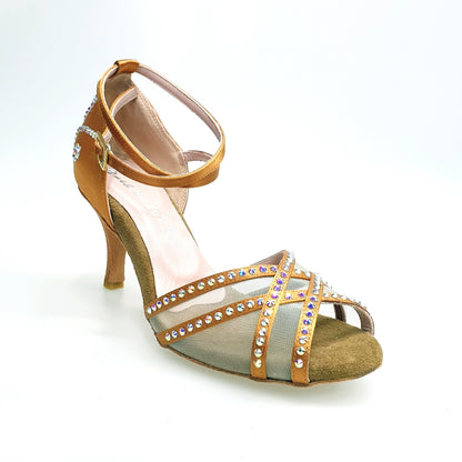 Scarpa da ballo donna Wish Dance Shop SONIA QB SW PLUS in raso seta bronzo con retina, cinturini incrociati e dettagli Swarovski