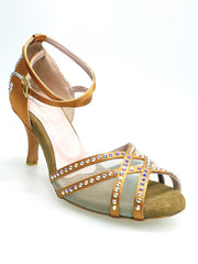 Carica immagine nella Galleria, SONIA QB SW PLUS (45R5 QB) - Scarpa Ballo Da Donna Con Retina in Raso Seta color Bronzo con cinturini incrociati sul collopiede e Swarovski Boreali avanti e tallone
