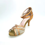 Carica immagine nella Galleria, SONIA QB SW PLUS (45R5 QB) - Scarpa Ballo Da Donna Con Retina in Raso Seta color Bronzo con cinturini incrociati sul collopiede e Swarovski Boreali avanti e tallone
