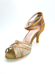 Carica immagine nella Galleria, SONIA QB SW PLUS (45R5 QB) - Scarpa Ballo Da Donna Con Retina in Raso Seta color Bronzo con cinturini incrociati sul collopiede e Swarovski Boreali avanti e tallone
