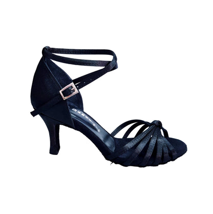 Scarpa da donna Patty QB in raso nero, con cinturino doppio, fascette e tacco basso a spillo, ideale per ballo.
