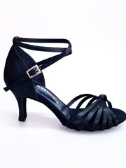 Load image into Gallery viewer, Patty QB (28QB) - Scarpa da Ballo Basica da Donna in Raso Nero Nodino con 6 Fascette e Cinturino Doppio sulla Caviglia Tacco Basso a Spillo Largo
