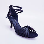 Load image into Gallery viewer, Patty QB (28QB) - Scarpa da Ballo Basica da Donna in Raso Nero Nodino con 6 Fascette e Cinturino Doppio sulla Caviglia Tacco Basso a Spillo Largo
