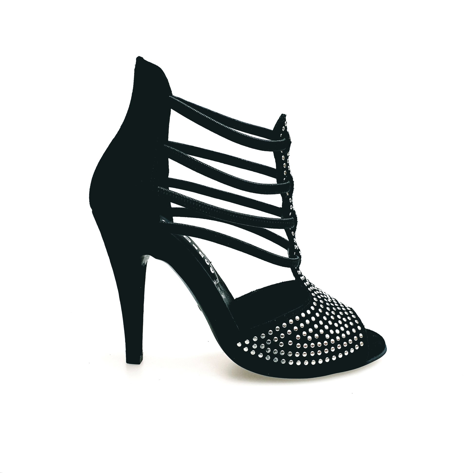 Sandalo donna Hera Black in camoscio nero con borchiette argento a specchio e tacco a spillo largo alto, Wish Dance Shop