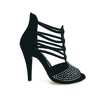 Sandalo donna Hera Black in camoscio nero con borchiette argento a specchio e tacco a spillo largo alto, Wish Dance Shop