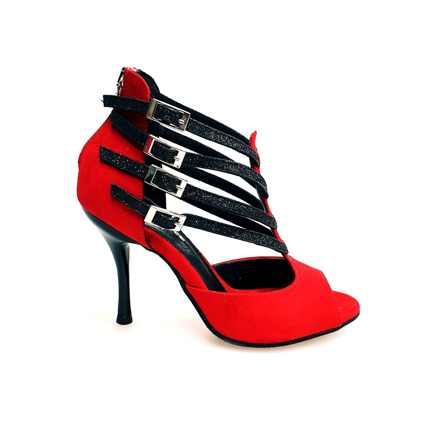 Scarpa da donna Lussuria 779 in camoscio rosso con cinturini glitter nero, tacco spillo smaltato nero, sottopiede in camoscio rosso