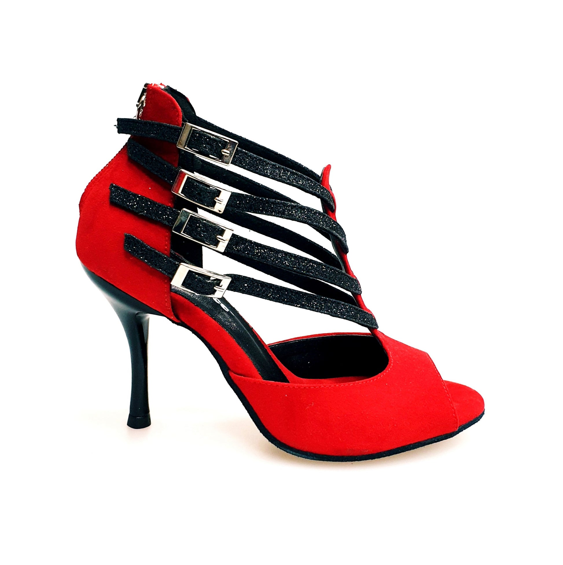 Scarpa da donna Lussuria in camoscio rosso con cinturini in glitter nero, tacco spillo smaltato nero e sottopiede in camoscio rosso