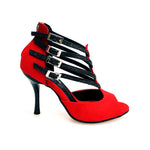 Load image into Gallery viewer, Lussuria (779) - Scarpa da Donna in Camoscio Rosso Cinturini in Glitter Nero sottopiede Camoscio Rosso con Tacco Spillo Smaltato Nero
