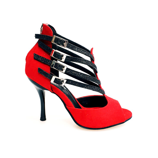Scarpa da donna Lussuria (779) in camoscio rosso con cinturini glitter nero, tacco spillo smaltato nero, sottopiede in camoscio rosso.