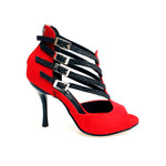 Load image into Gallery viewer, Lussuria (779) - Scarpa da Donna in Camoscio Rosso Cinturini in Glitter Nero sottopiede Camoscio Rosso con Tacco Spillo Smaltato Nero
