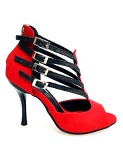 Carica immagine nella Galleria, Lussuria (779) - Scarpa da Donna in Camoscio Rosso Cinturini in Glitter Nero sottopiede Camoscio Rosso con Tacco Spillo Smaltato Nero
