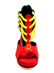 Load image into Gallery viewer, Lussuria (779PLT) - Scarpa da Donna in Camoscio Rosso/Giallo/Nero con Stemma Angolano Ricamato in Giallo con Tacco a Spillo Largo Smaltato Nero e Plateau
