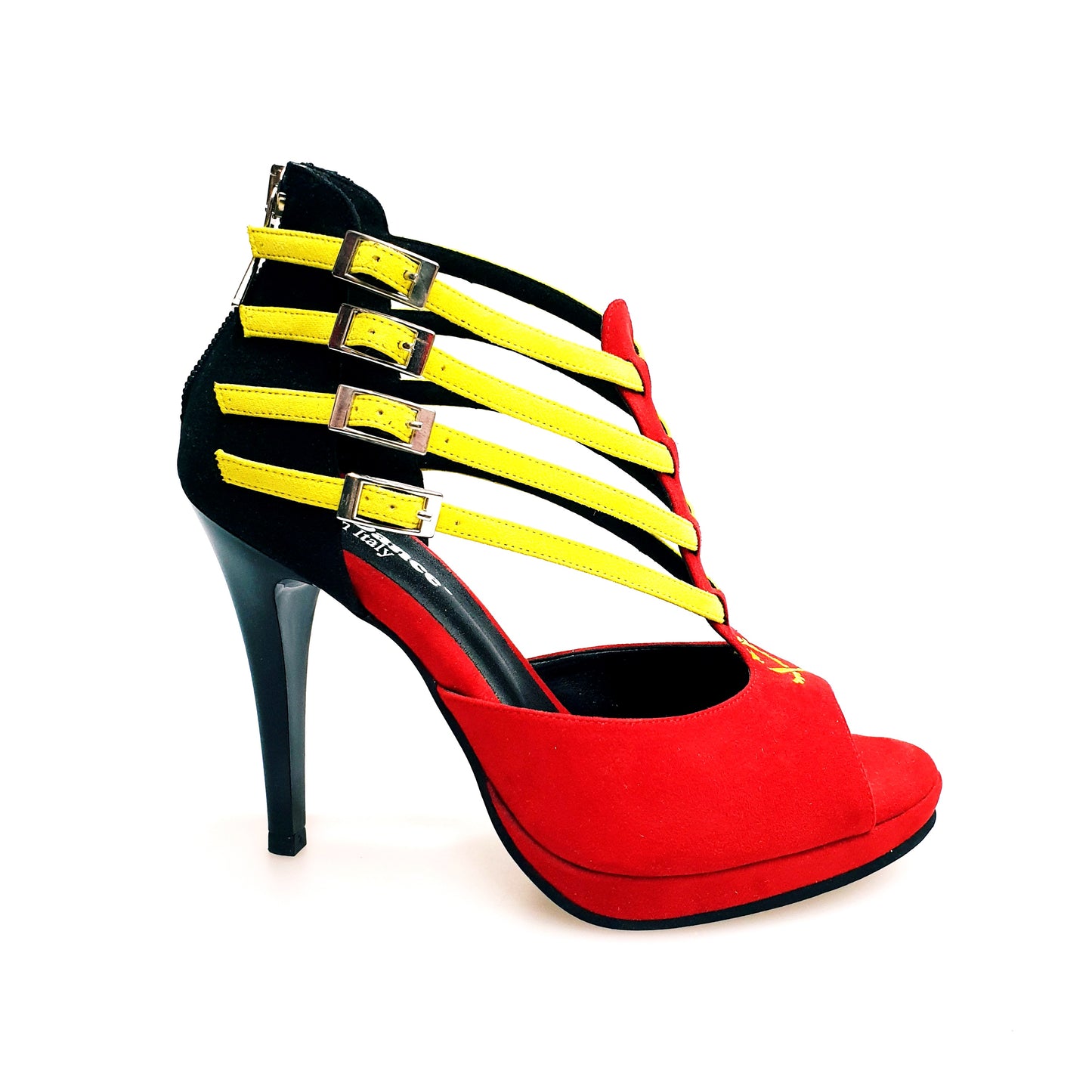 Scarpa donna Lussuria Wish Dance Shop in camoscio rosso, giallo e nero con stemma ricamato, tacco a spillo largo e plateau.