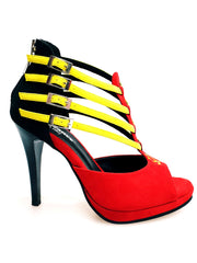 Load image into Gallery viewer, Lussuria (779PLT) - Scarpa da Donna in Camoscio Rosso/Giallo/Nero con Stemma Angolano Ricamato in Giallo con Tacco a Spillo Largo Smaltato Nero e Plateau

