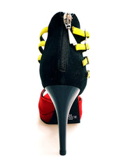 Load image into Gallery viewer, Lussuria (779PLT) - Scarpa da Donna in Camoscio Rosso/Giallo/Nero con Stemma Angolano Ricamato in Giallo con Tacco a Spillo Largo Smaltato Nero e Plateau
