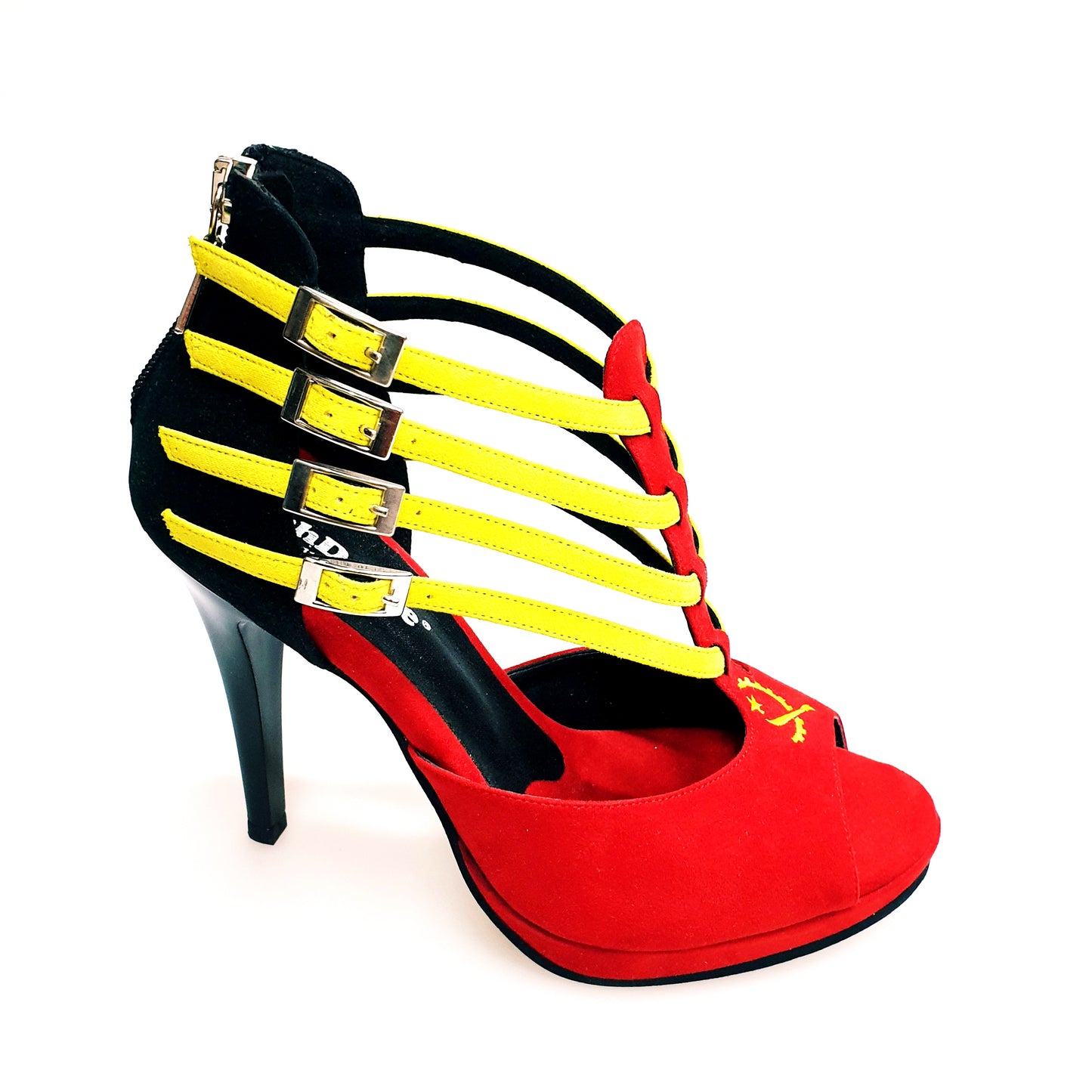 Scarpa da donna Lussuria Wish Dance Shop in camoscio rosso, giallo e nero con stemma ricamato, tacco largo e plateau.