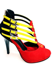 Load image into Gallery viewer, Lussuria (779PLT) - Scarpa da Donna in Camoscio Rosso/Giallo/Nero con Stemma Angolano Ricamato in Giallo con Tacco a Spillo Largo Smaltato Nero e Plateau

