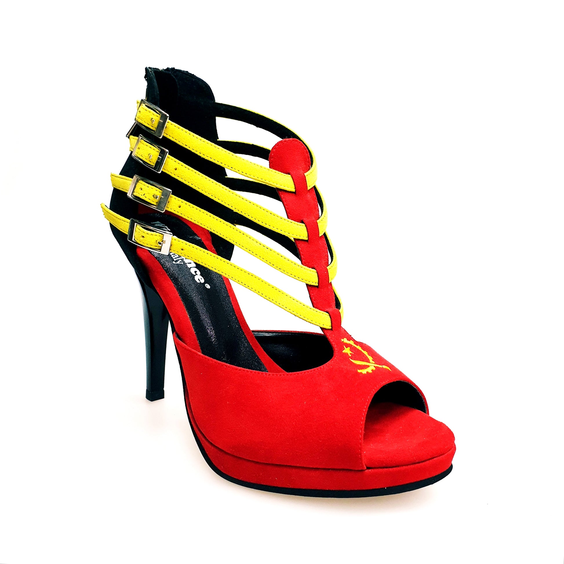 Scarpa donna Lussuria Wish Dance Shop in camoscio rosso, giallo e nero con stemma ricamato, tacco largo e plateau nero smaltato