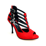 Load image into Gallery viewer, Lussuria (779) - Scarpa da Donna in Camoscio Rosso Cinturini in Glitter Nero sottopiede Camoscio Rosso con Tacco Spillo Smaltato Nero
