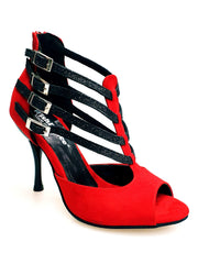 Carica immagine nella Galleria, Lussuria (779) - Scarpa da Donna in Camoscio Rosso Cinturini in Glitter Nero sottopiede Camoscio Rosso con Tacco Spillo Smaltato Nero
