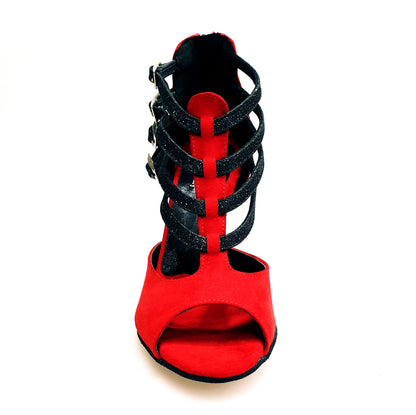 Scarpa da donna Lussuria Wish Dance Shop in camoscio rosso con cinturini glitter neri e tacco spillo smaltato nero.