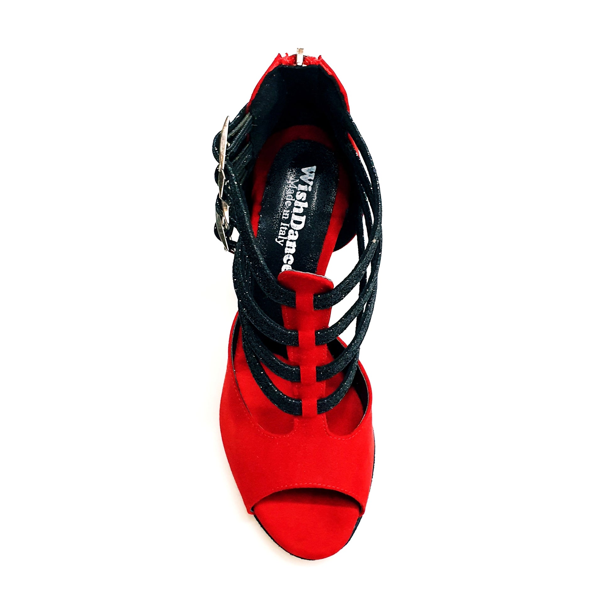 Scarpa donna Lussuria (779) in camoscio rosso con cinturini glitter nero, tacco a spillo smaltato nero e sottopiede in camoscio rosso.