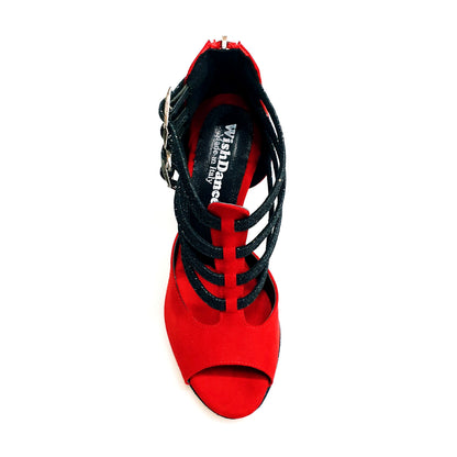 Scarpa donna Lussuria (779) in camoscio rosso con cinturini glitter nero, tacco a spillo smaltato nero e sottopiede in camoscio rosso.