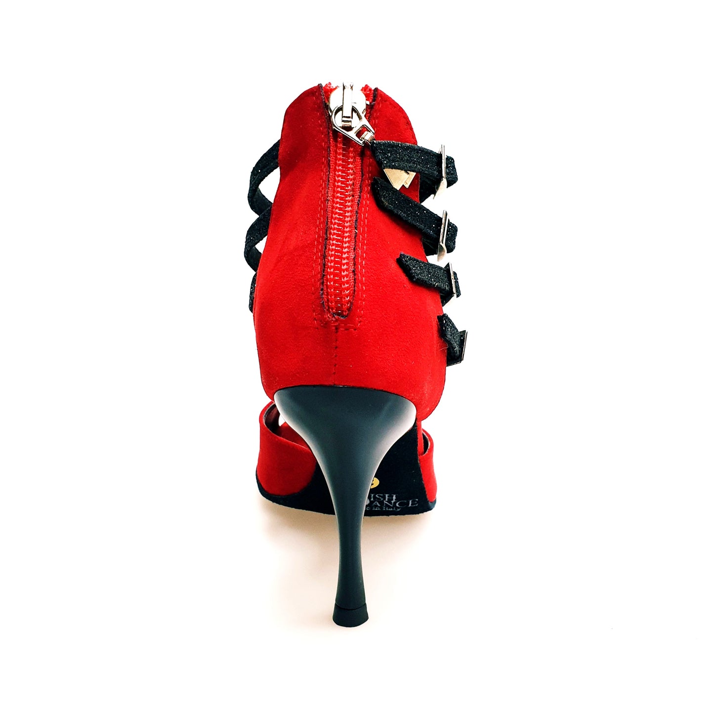 Scarpa donna Lussuria in camoscio rosso con cinturini glitter nero, tacco spillo smaltato nero, sottopiede in camoscio rosso