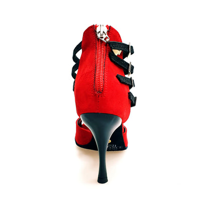 Scarpa donna Lussuria in camoscio rosso con cinturini glitter nero, tacco spillo smaltato nero, sottopiede in camoscio rosso