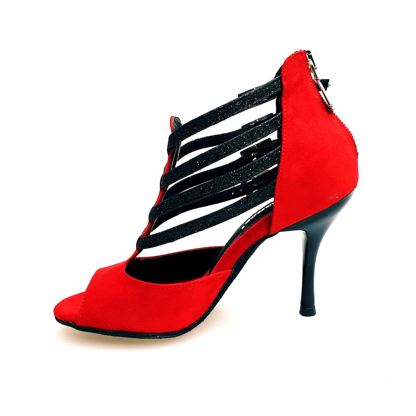 Scarpa da donna Lussuria in camoscio rosso con cinturini glitter neri, tacco spillo smaltato nero, sottopiede in camoscio rosso.